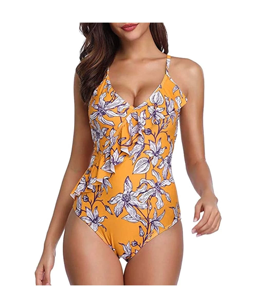 One-Pieces Casual Swimsuits for Womens Swimming Costume Padded Swimsuit Monokini Push Up Bikini Sets Swimwear - A-yellow - C7...