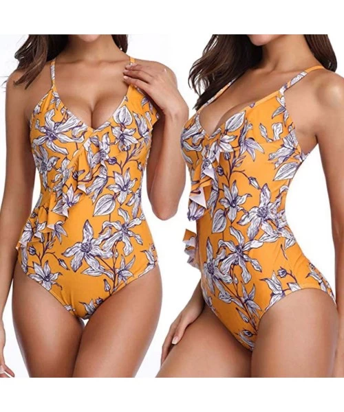 One-Pieces Casual Swimsuits for Womens Swimming Costume Padded Swimsuit Monokini Push Up Bikini Sets Swimwear - A-yellow - C7...