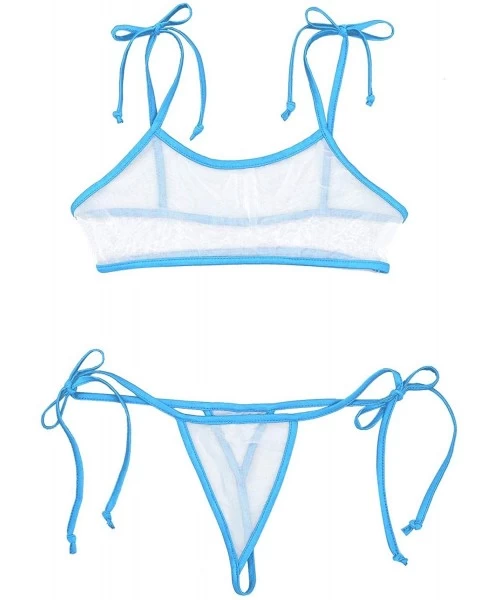 Sets Woman Sheer Mesh See-Through Bikini Swimsuit Bathing Suit Bra Top Mini Tie Side Thong Underwear - White&blue - C518WR8W9WH