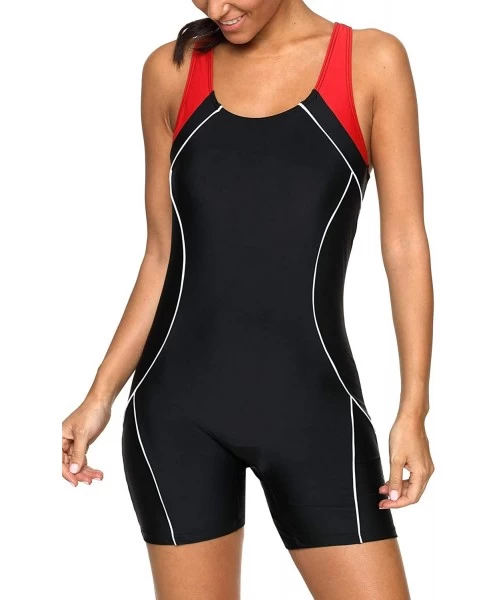 Racing Women Boyleg One Piece Swimsuit Athletic Racerback Swimwear Bathing Suit - Black/Red - C318I46QITX