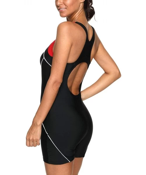 Racing Women Boyleg One Piece Swimsuit Athletic Racerback Swimwear Bathing Suit - Black/Red - C318I46QITX