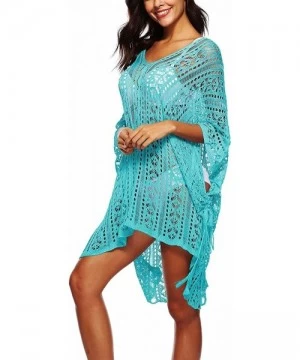 Cover-Ups Women's Crochet V-Neck Swimsuit Batwings Bikini Swimwear Cover up Summer Beach - Blue - C118E63UOTQ