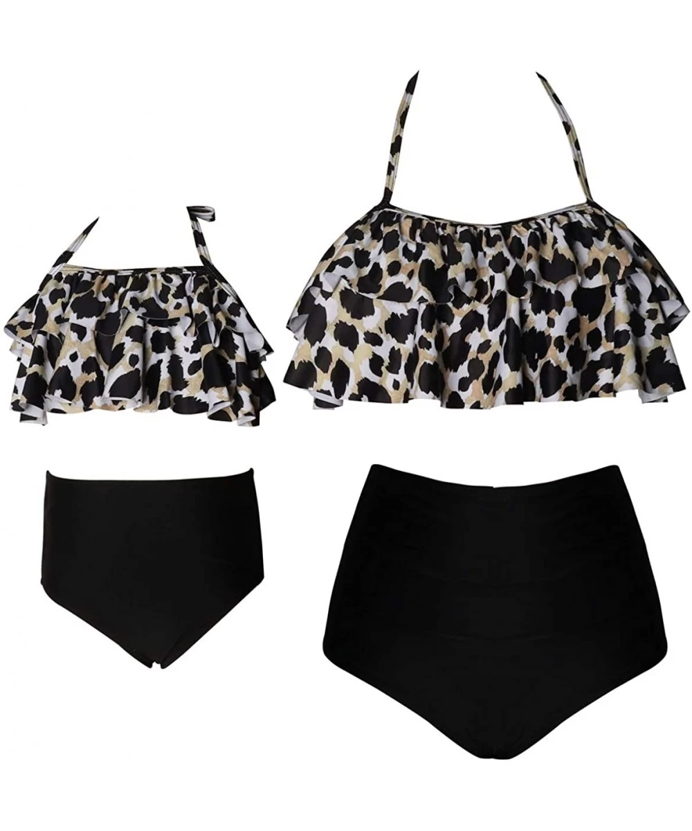 Sets 2Pcs Baby Girl Swimsuit High Waisted Bathing Suit Halter Neck Swimwear Women Bikini Sets for Family - Leopard - CR193ORTXLW