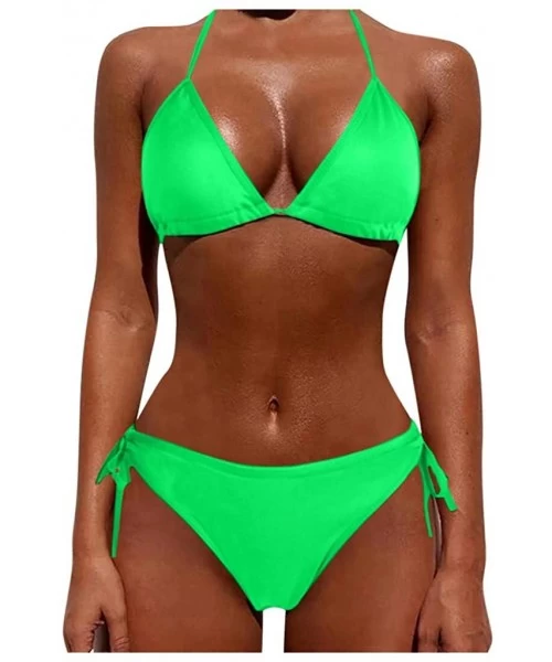 Bottoms Women's Sexy Solid Color Two Piece Padded Push Up with Tie Side Bottom Brazilian Swimsuit Bathing Suits - Green - CG1...