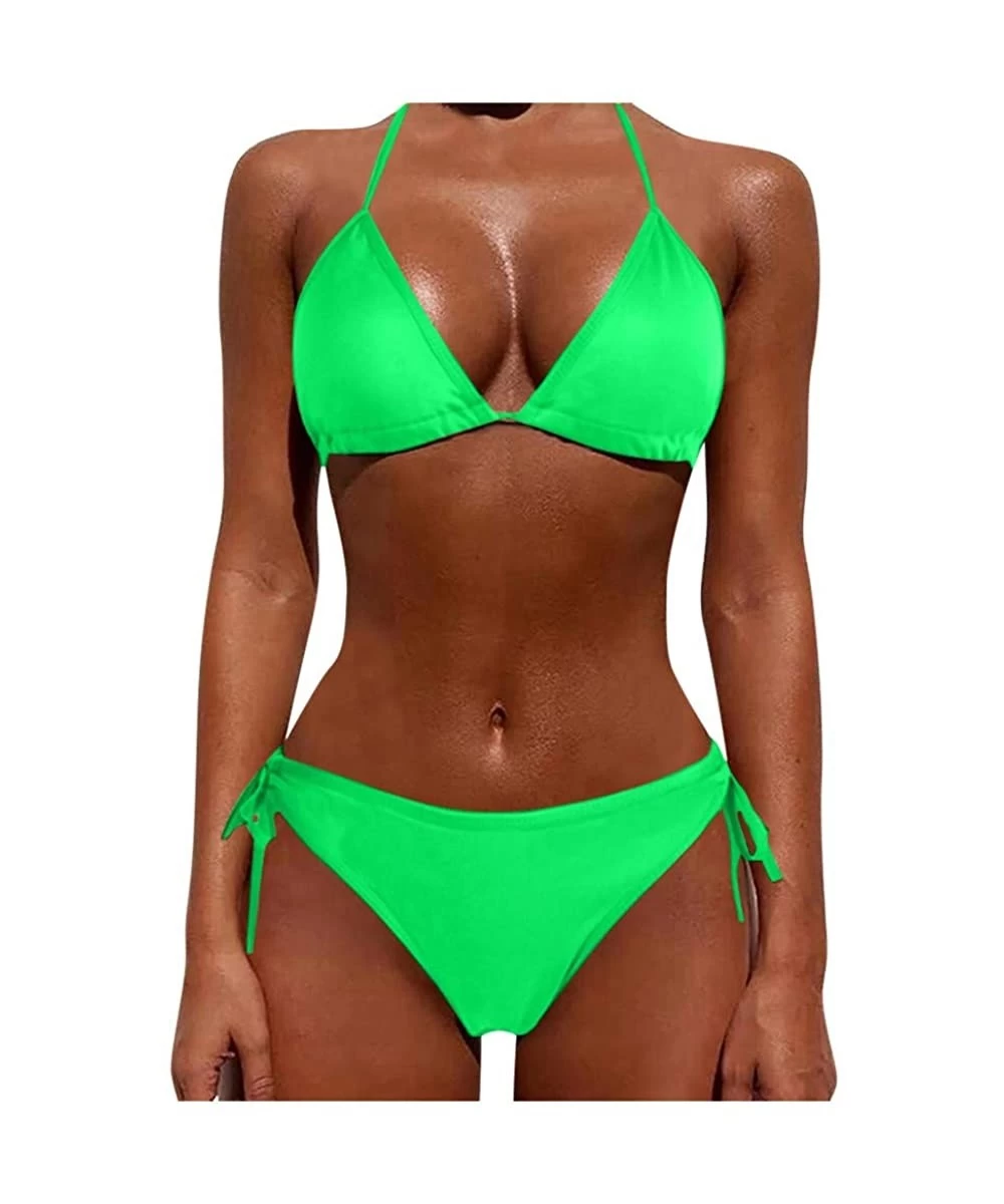 Bottoms Women's Sexy Solid Color Two Piece Padded Push Up with Tie Side Bottom Brazilian Swimsuit Bathing Suits - Green - CG1...