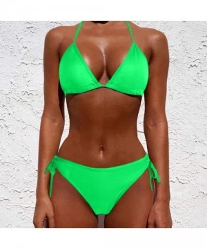 Bottoms Women's Sexy Solid Color Two Piece Padded Push Up with Tie Side Bottom Brazilian Swimsuit Bathing Suits - Green - CG1...