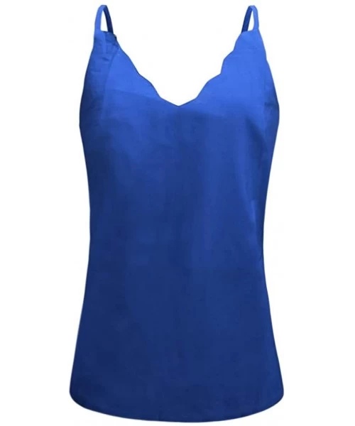 Tankinis Women Sexy Deep V Tops Scalloped Neckline Tank Tops - Blue - CA194X43Y7C