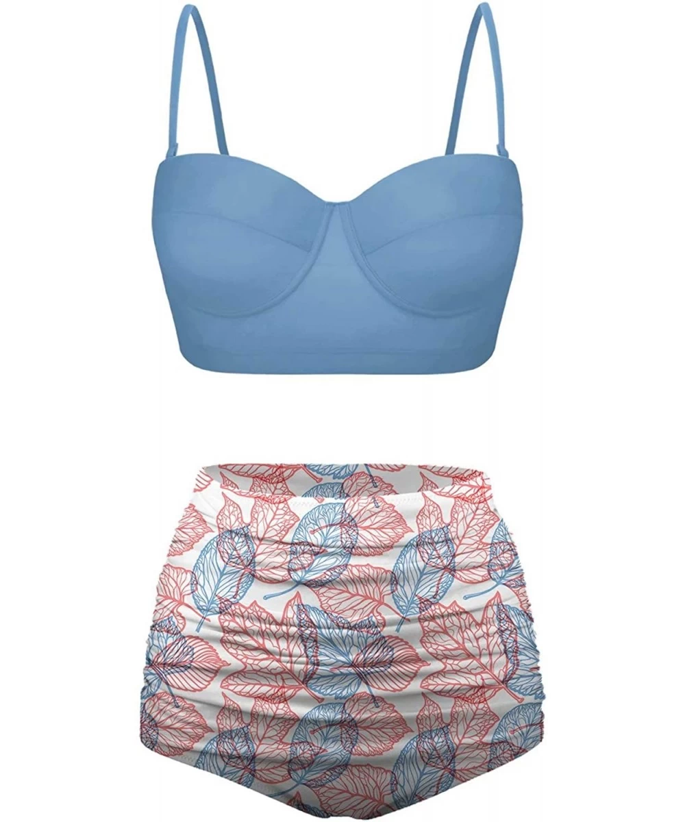 Sets Classic Abstract Tropical Monstera Leaf Seamless Pattern Bikini Set - Light Blue-2 - CU196D8LLTD