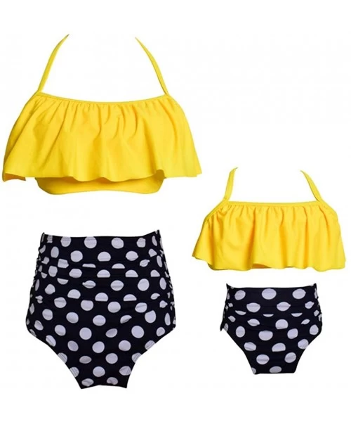 Tankinis Girls Women Flouncing Tankini Two Piece Family Matching Bathing Suits Mommy and Daughter Swimsuits - Yellow White Do...