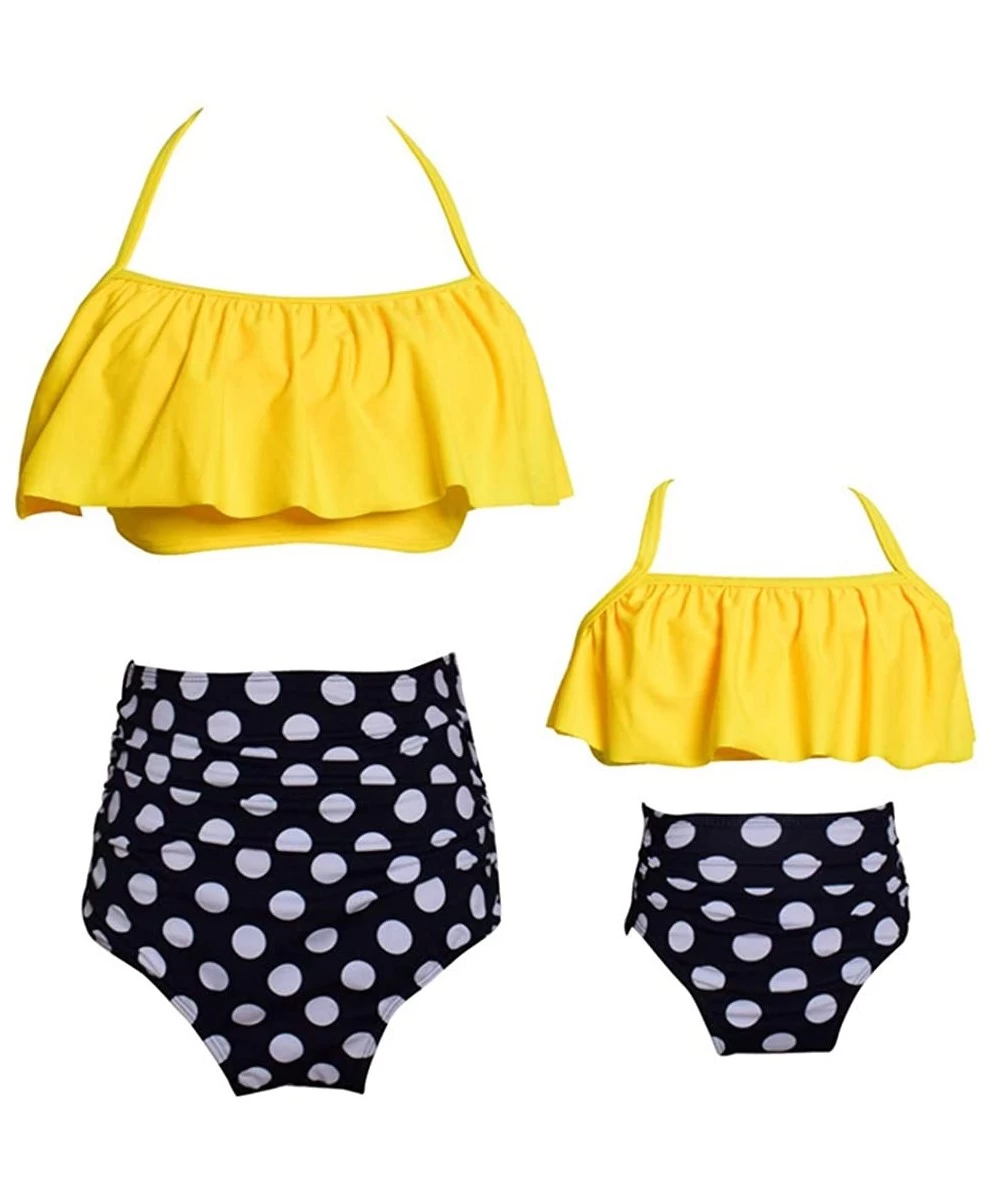 Tankinis Girls Women Flouncing Tankini Two Piece Family Matching Bathing Suits Mommy and Daughter Swimsuits - Yellow White Do...