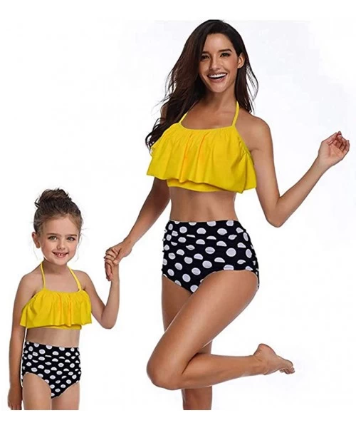 Tankinis Girls Women Flouncing Tankini Two Piece Family Matching Bathing Suits Mommy and Daughter Swimsuits - Yellow White Do...