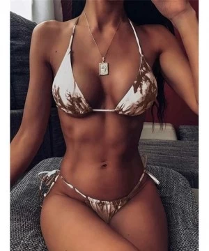 Sets 2020 Women's Sexy Tie-Dye Bikini Set Vintage Scoop Neck Front Knot Tops Ruffle Bottom Swimsuit - F-coffee - C61902MGHNG