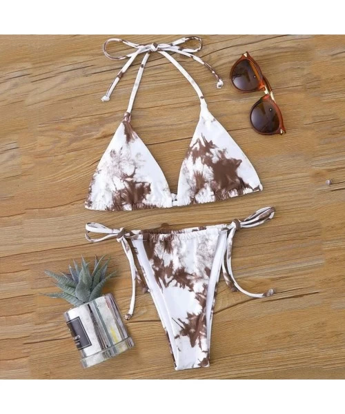 Sets 2020 Women's Sexy Tie-Dye Bikini Set Vintage Scoop Neck Front Knot Tops Ruffle Bottom Swimsuit - F-coffee - C61902MGHNG