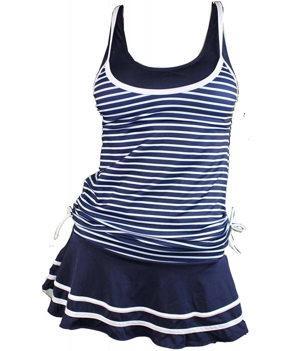 Tankinis Women's Tankini Striped Vintage Swim Dress - White Navy - C01265QR06L