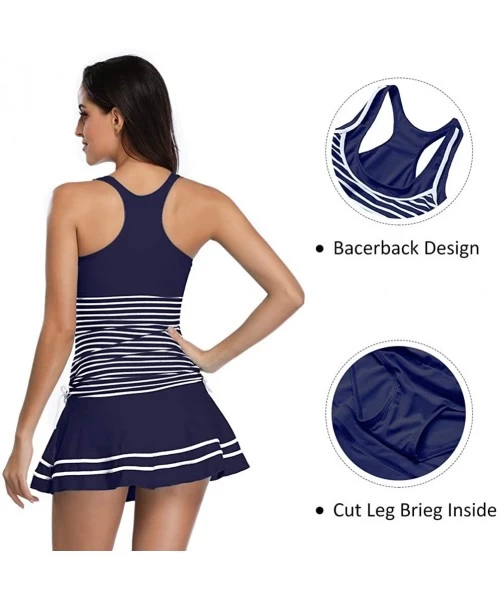 Tankinis Women's Tankini Striped Vintage Swim Dress - White Navy - C01265QR06L