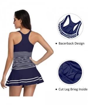 Tankinis Women's Tankini Striped Vintage Swim Dress - White Navy - C01265QR06L