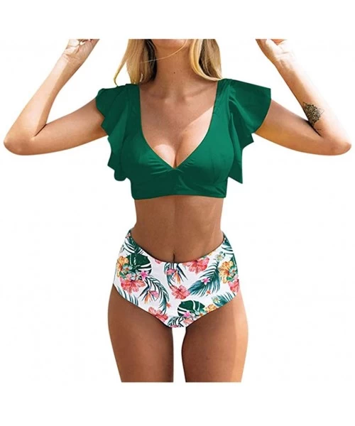 One-Pieces Swimsuits for Women Tummy Control-Floral Ruffle Bikini Push Up Swimsuit High Waisted Bottom V Neck 2 Pieces Bathin...