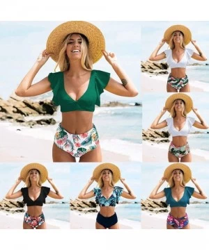 One-Pieces Swimsuits for Women Tummy Control-Floral Ruffle Bikini Push Up Swimsuit High Waisted Bottom V Neck 2 Pieces Bathin...