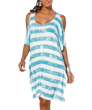 Cover-Ups Women's Summer Cold Shoulder Casual Dress Striped Tunic Top Swing Loose Dress Bikini Swimsuit Beach Cover Up Dress ...