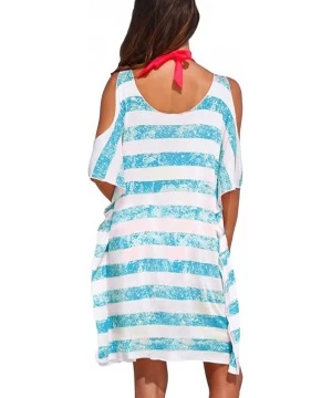 Cover-Ups Women's Summer Cold Shoulder Casual Dress Striped Tunic Top Swing Loose Dress Bikini Swimsuit Beach Cover Up Dress ...