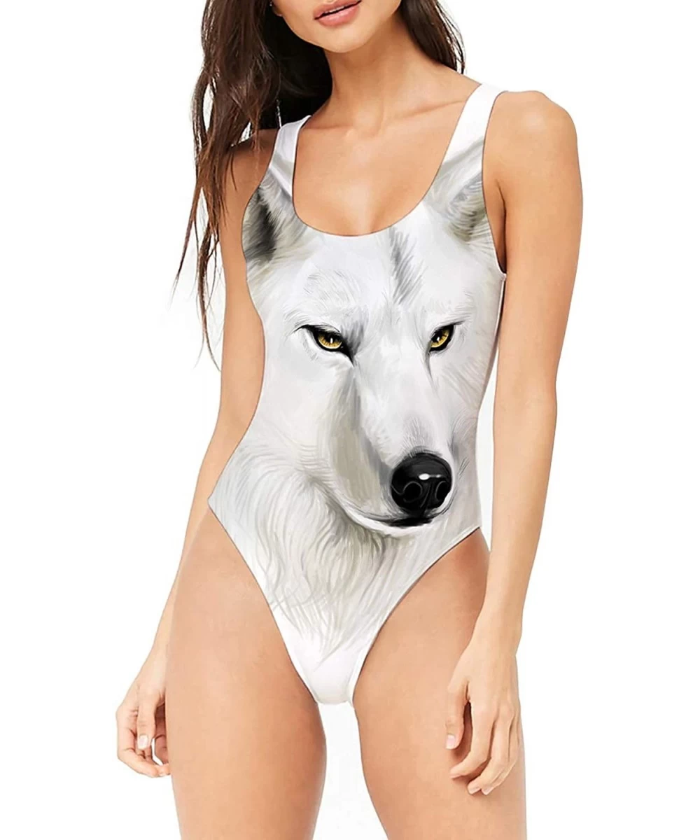 Racing 3D Printed Strap Swimwear for Woman White Wolf Tummy Control Swimwear Beach Swimsuits - C318WOG5QAW