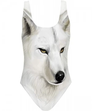 Racing 3D Printed Strap Swimwear for Woman White Wolf Tummy Control Swimwear Beach Swimsuits - C318WOG5QAW