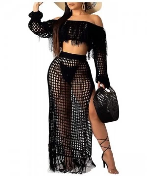 Cover-Ups Womens Sexy Rainbow Stripe Mesh Sheer Short Sleeves Side High Split Fishnet Dress Bikini Cover Up - Black - CJ18WC7...