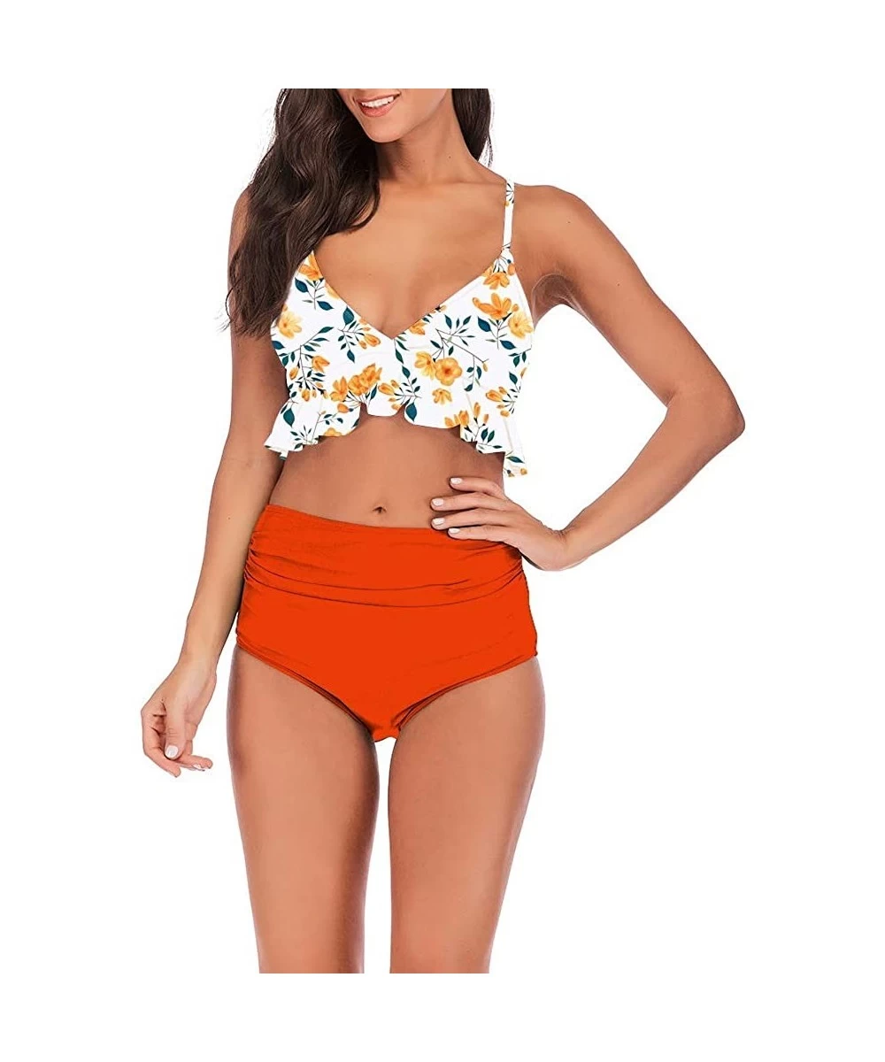 Sets Swimsuit for Women Two Pieces High Waisted Ruffle Bikini Set Printed Swimwear Bathing Suit - Orange - CX18TO222WG