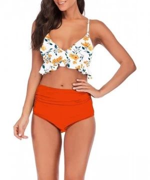 Sets Swimsuit for Women Two Pieces High Waisted Ruffle Bikini Set Printed Swimwear Bathing Suit - Orange - CX18TO222WG