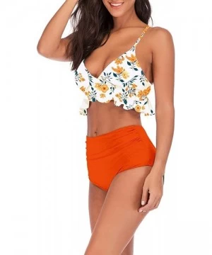 Sets Swimsuit for Women Two Pieces High Waisted Ruffle Bikini Set Printed Swimwear Bathing Suit - Orange - CX18TO222WG