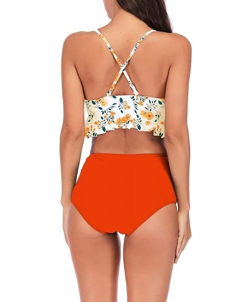 Sets Swimsuit for Women Two Pieces High Waisted Ruffle Bikini Set Printed Swimwear Bathing Suit - Orange - CX18TO222WG