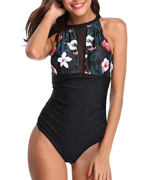 Tops Women Two Piece Swimsuit High Neck Halter Floral Printed Tankini Sets Strappy Racerback Bikini Swim Top with Bottom - 3 ...