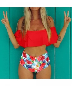 Sets Women's 2PC Ruffled Flounce Swimsuits Falbala Top High Waist Bottoms Swimwear Red - CW18RX439G8