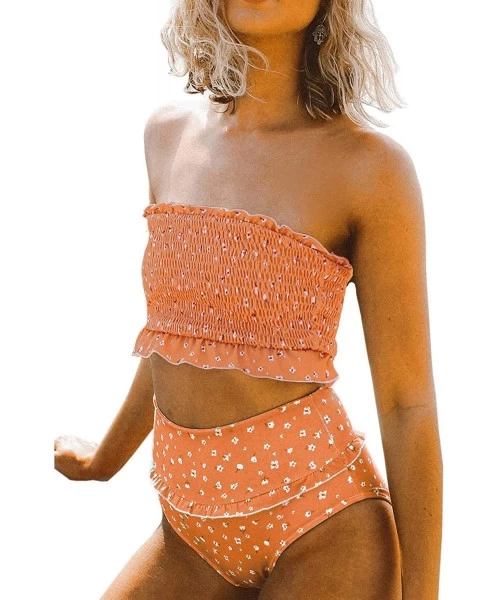 One-Pieces Women's Smocked Bandeau Ruffle Printed One Piece Swimsuit Sexy Halter Cutout Swimwear - C-orange - C8195TQG6TR