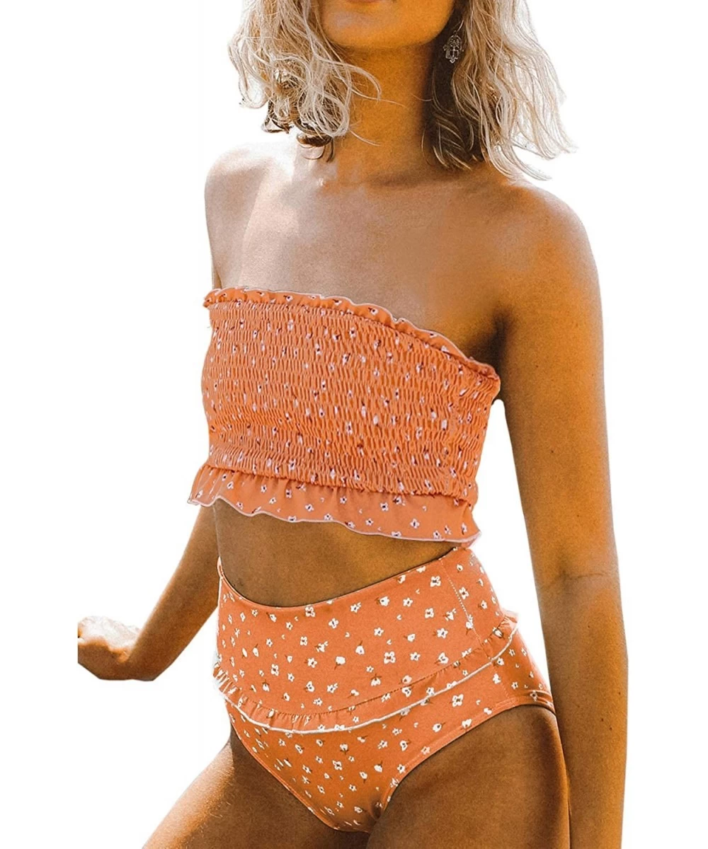 One-Pieces Women's Smocked Bandeau Ruffle Printed One Piece Swimsuit Sexy Halter Cutout Swimwear - C-orange - C8195TQG6TR