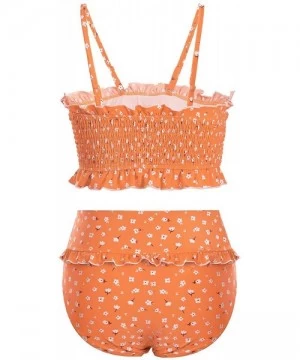 One-Pieces Women's Smocked Bandeau Ruffle Printed One Piece Swimsuit Sexy Halter Cutout Swimwear - C-orange - C8195TQG6TR