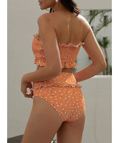 One-Pieces Women's Smocked Bandeau Ruffle Printed One Piece Swimsuit Sexy Halter Cutout Swimwear - C-orange - C8195TQG6TR