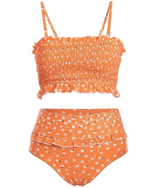 One-Pieces Women's Smocked Bandeau Ruffle Printed One Piece Swimsuit Sexy Halter Cutout Swimwear - C-orange - C8195TQG6TR