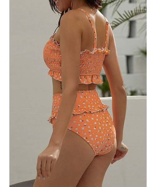 One-Pieces Women's Smocked Bandeau Ruffle Printed One Piece Swimsuit Sexy Halter Cutout Swimwear - C-orange - C8195TQG6TR