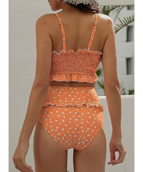 One-Pieces Women's Smocked Bandeau Ruffle Printed One Piece Swimsuit Sexy Halter Cutout Swimwear - C-orange - C8195TQG6TR