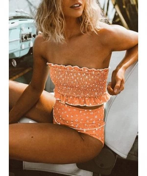 One-Pieces Women's Smocked Bandeau Ruffle Printed One Piece Swimsuit Sexy Halter Cutout Swimwear - C-orange - C8195TQG6TR