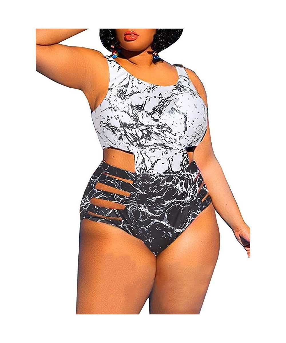 One-Pieces Womens Plus Size Cutout Swimsuit One Piece High Waisted Swimwear Bandage Tummy Control Monokini - Z-grey - C01969Y...