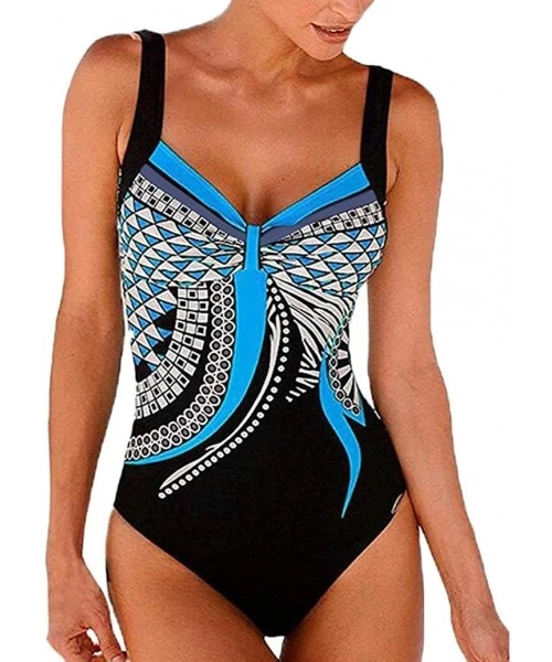 Cover-Ups Womens Monokini Deep V One Piece Backless Pattern Swimwear High Cut Tummy Control Swimsuit by Nevera - Blue - C6196...