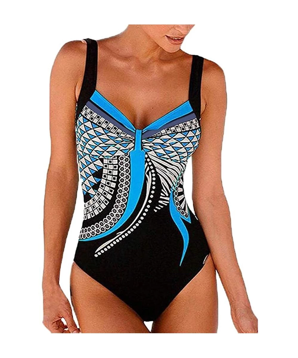 Cover-Ups Womens Monokini Deep V One Piece Backless Pattern Swimwear High Cut Tummy Control Swimsuit by Nevera - Blue - C6196...