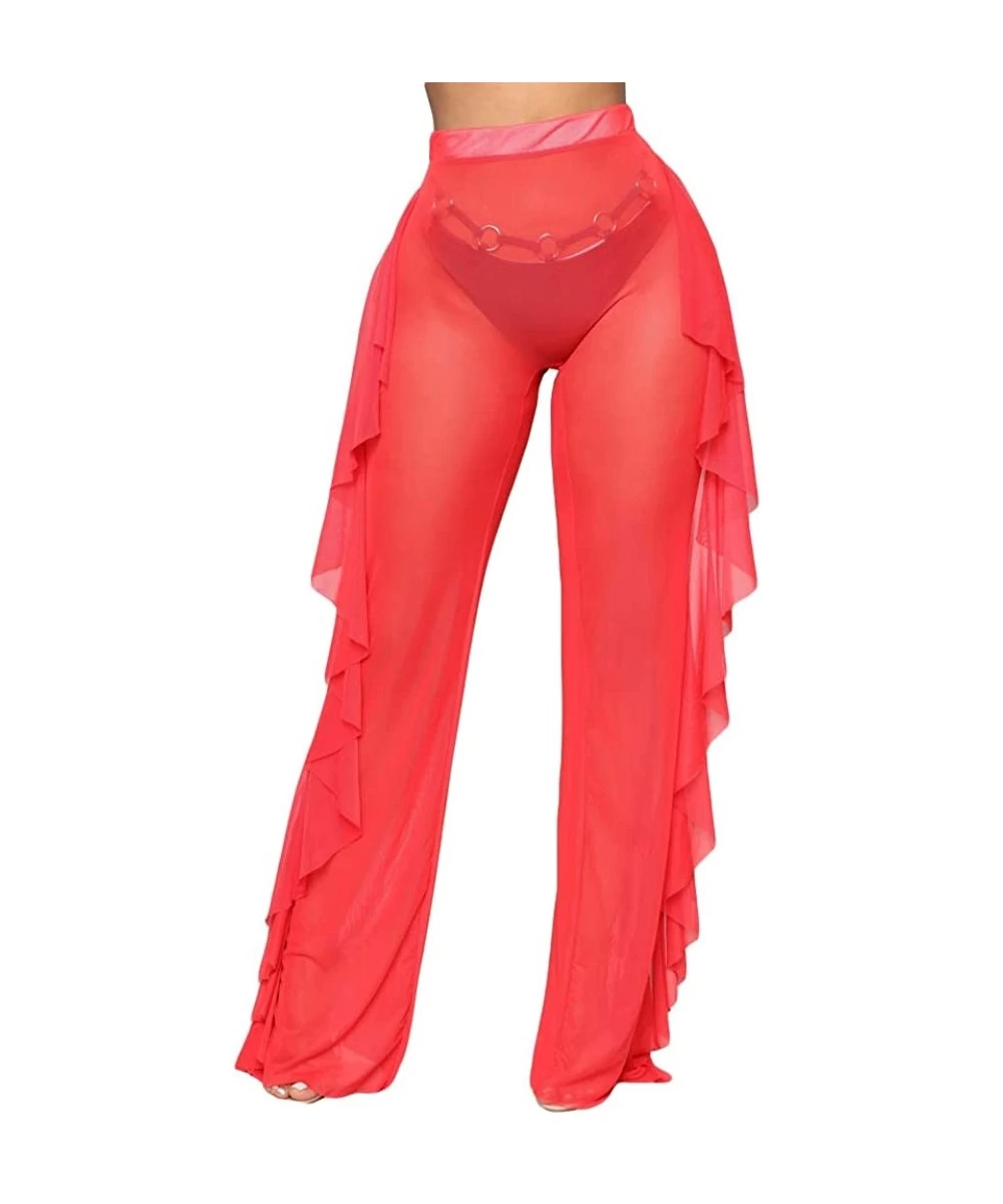 Tankinis Women's See Through Sheer Mesh High Waist Wide Leg Palazzo Pants Swimsuit Bikini Bottom Cover up - Red(ruffle) - CL1...