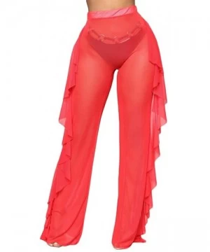 Tankinis Women's See Through Sheer Mesh High Waist Wide Leg Palazzo Pants Swimsuit Bikini Bottom Cover up - Red(ruffle) - CL1...