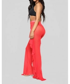 Tankinis Women's See Through Sheer Mesh High Waist Wide Leg Palazzo Pants Swimsuit Bikini Bottom Cover up - Red(ruffle) - CL1...