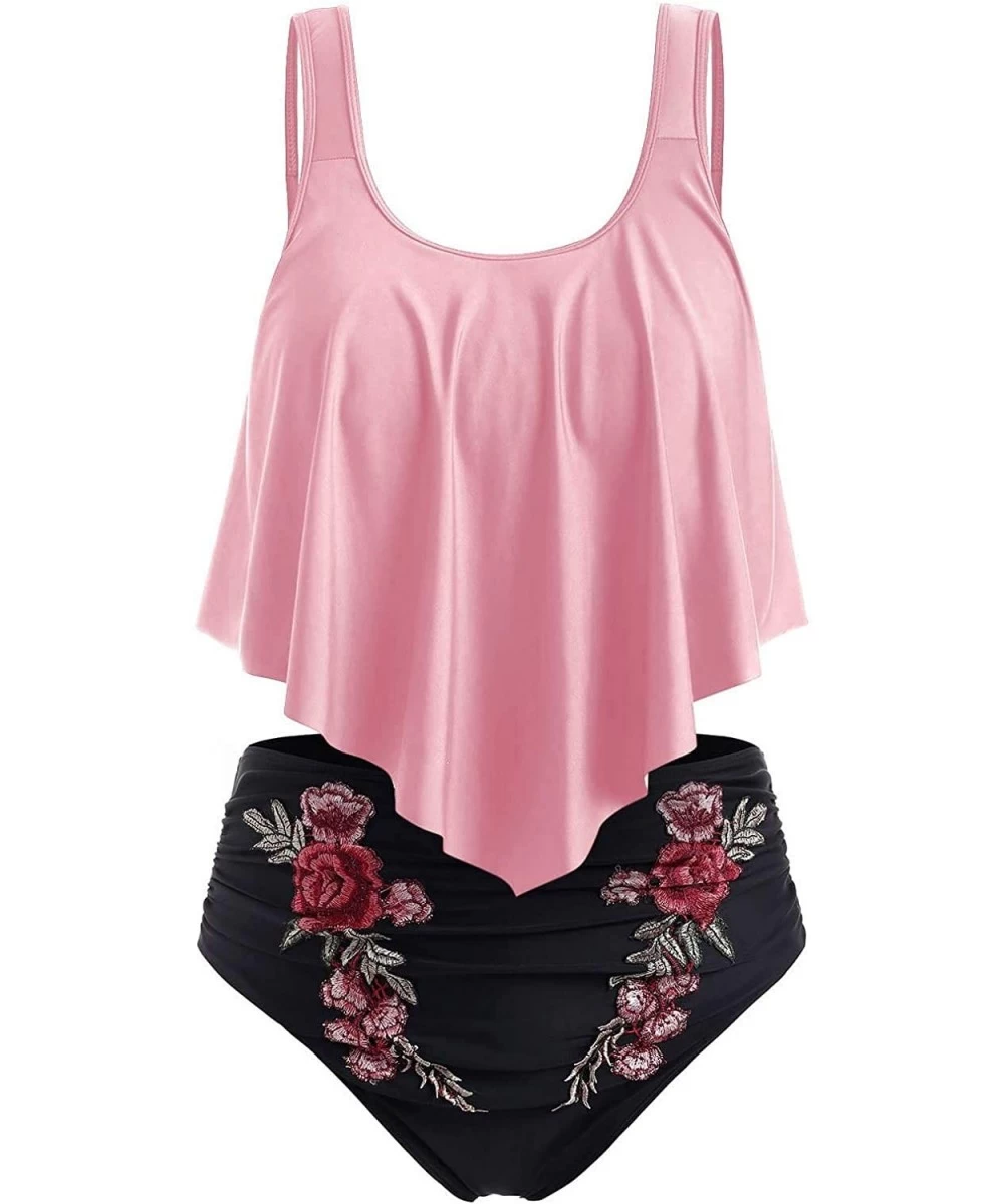 Racing Summer Women's Floral Applique Flounce Tummy Control Tankini Swimwear - Pink - CS198QK8Q6X