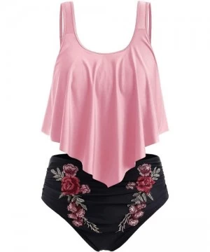 Racing Summer Women's Floral Applique Flounce Tummy Control Tankini Swimwear - Pink - CS198QK8Q6X