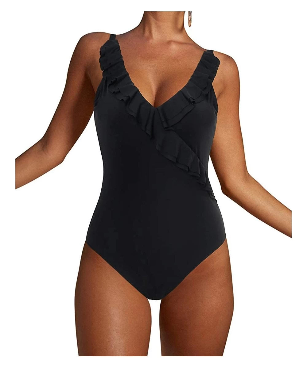 One-Pieces Women Ruffle V Neck One Piece Swimsuits Color Block Backless Bathing Suit - 37 Black - C51965D28CR